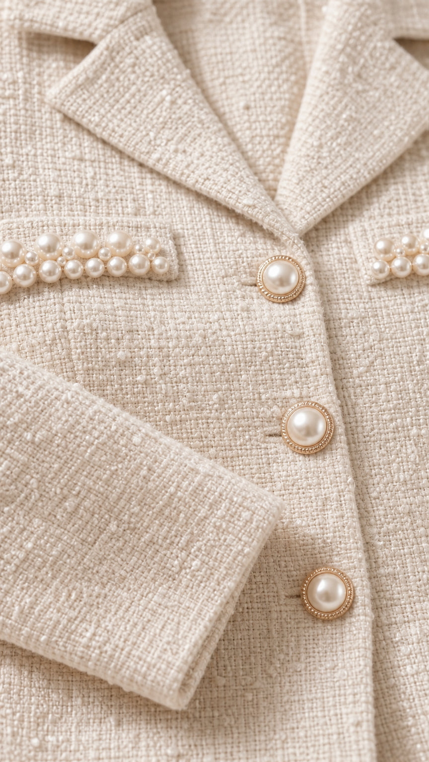 Close-up detail of textured cream tweed fabric with pearl buttons and beaded trim