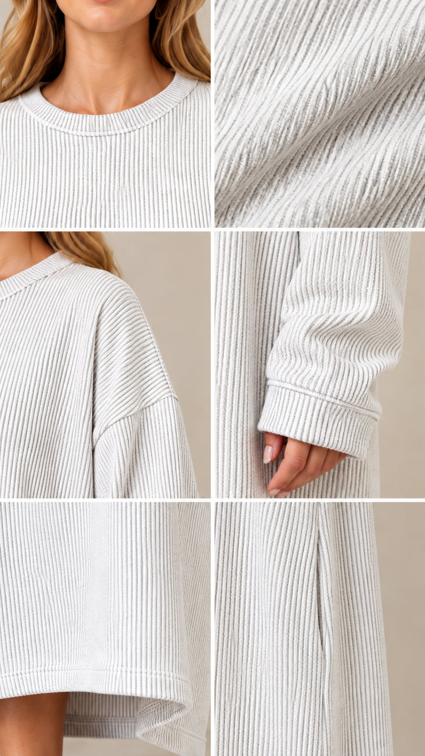 Close-up details of ribbed fabric texture, crewneck, cuff, and hem