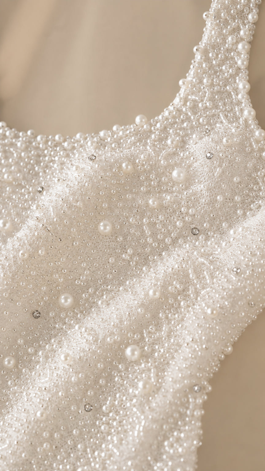 Close-up detail shot of intricate faux pearl and bead embellishments on fabric