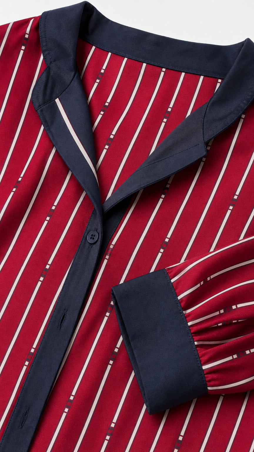 Close up of red striped shirt collar and cuff detail