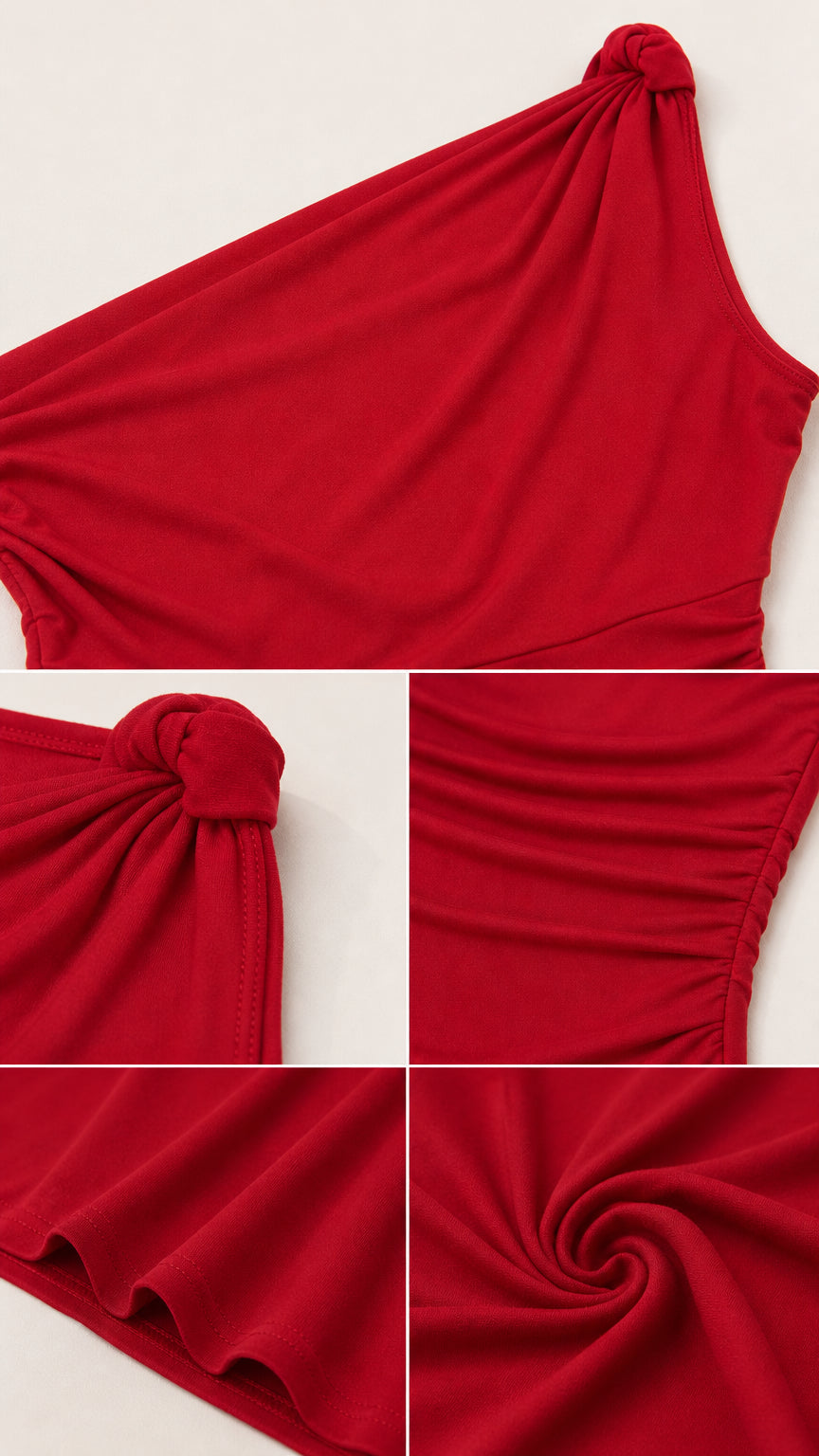 Close-up details of knotted shoulder strap, side ruching, and smooth stretch fabric in red
