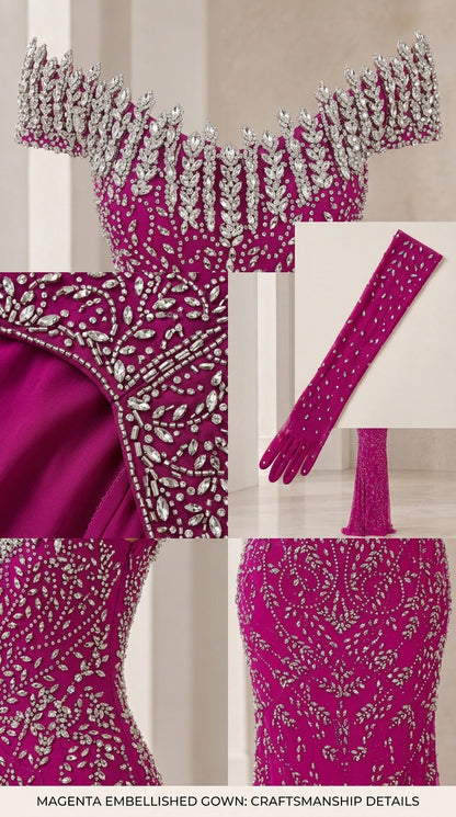 Detailed close-up of intricate beadwork, scalloped neckline, and embellished gloves in magenta