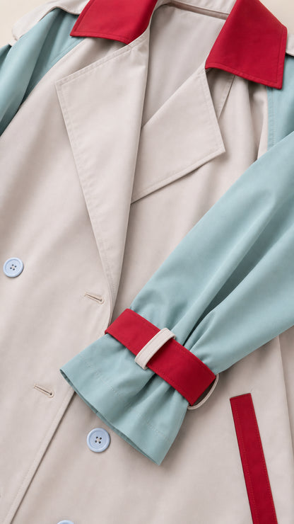 Close-up detail of notched lapel, red collar accent, and cuff strap on trench coat