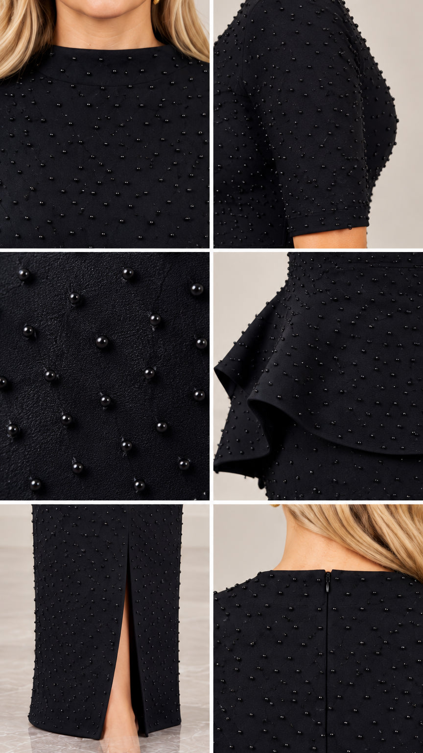 Close-up details of black textured fabric, tonal pearl beads, peplum waist, front slit, and back zipper