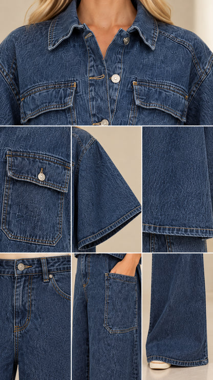 Close-up detail collage of collar, chest pocket, flared sleeve hem, and pant pockets on Denim Blue set