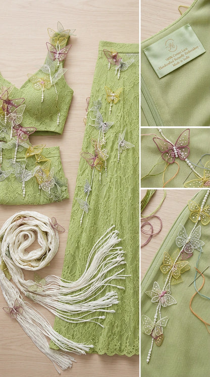 Close-up flat lay of lace fabric, beaded 3D butterfly details, and tasseled accessories
