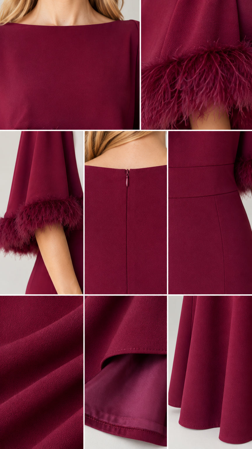 Close-up details of neckline, feather fringe, zipper, and fabric texture