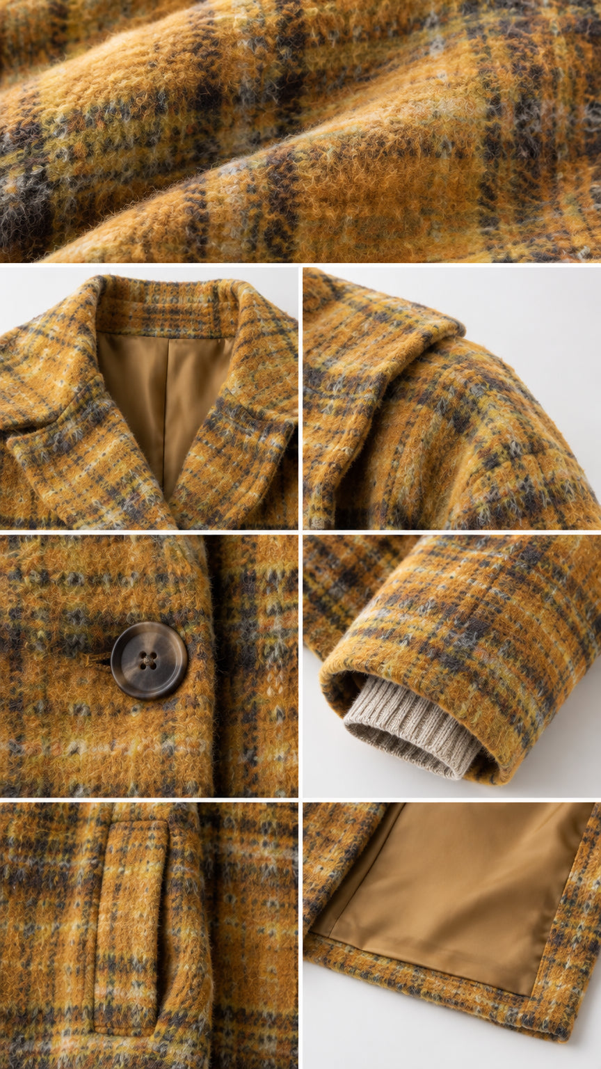 Detailed close-up collage of plaid fabric texture, lapel, button, pocket, and lining