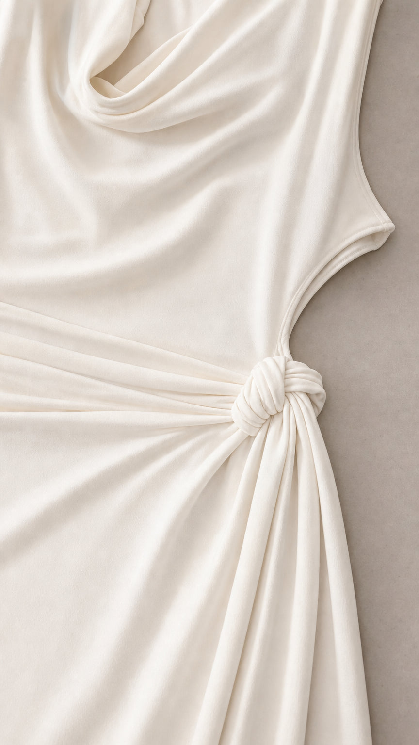 Close-up detail of smooth fabric, ruched knot, and side cutout on white dress