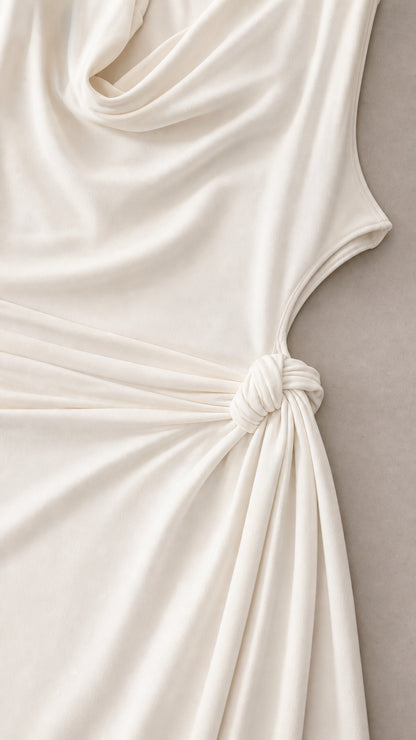 Close-up detail of smooth fabric, ruched knot, and side cutout on white dress
