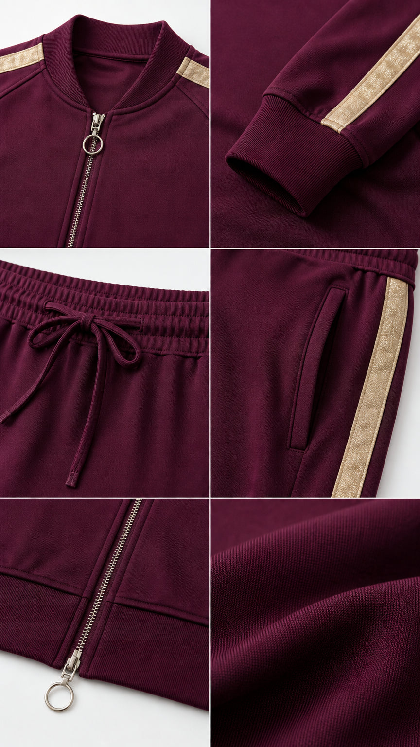 Close-up detail of zipper, ribbed collar, drawstring waist, pocket, and fabric texture