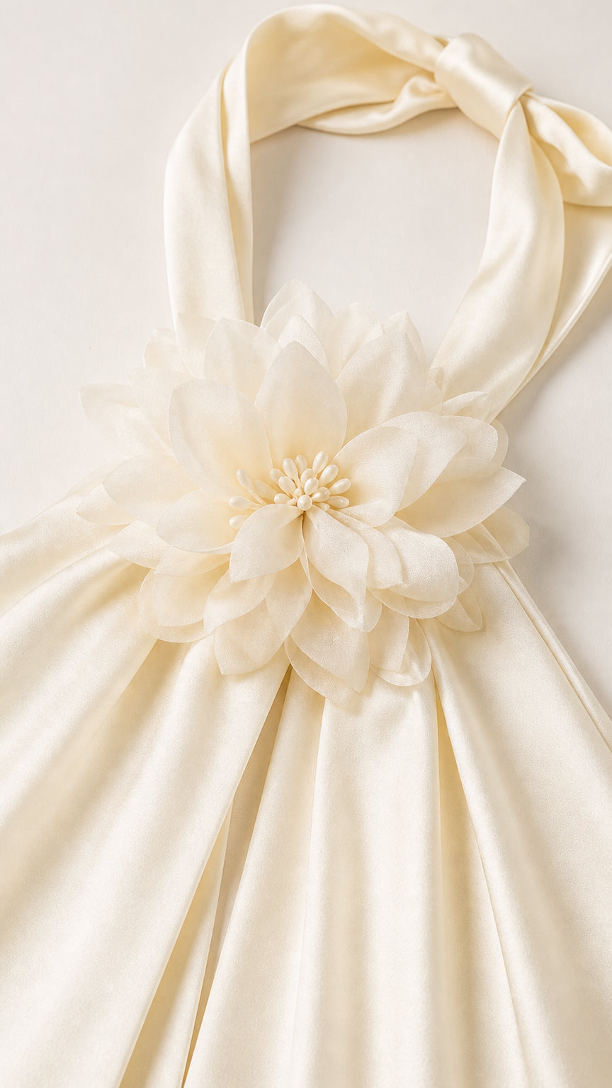 Close up detail of 3D fabric flower appliqué on pleated halter neck