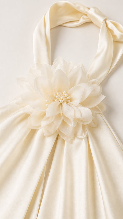 Close up detail of 3D fabric flower appliqué on pleated halter neck