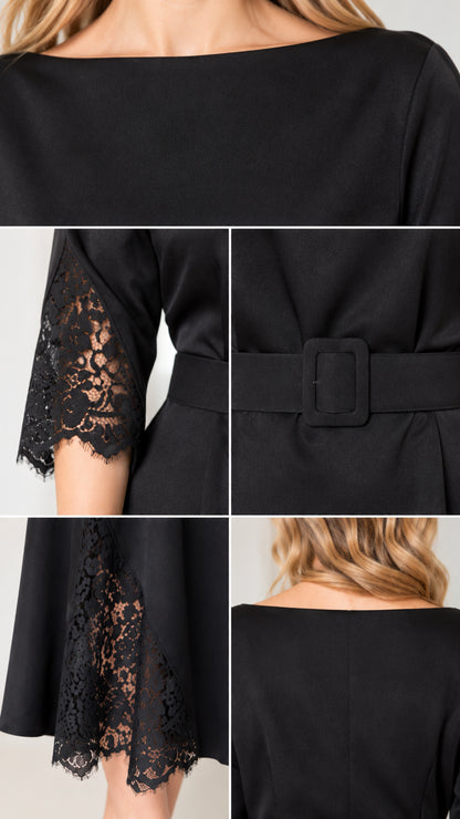 Detailed close-up collage of neckline, lace sleeve cuffs, belt buckle, and lace hem