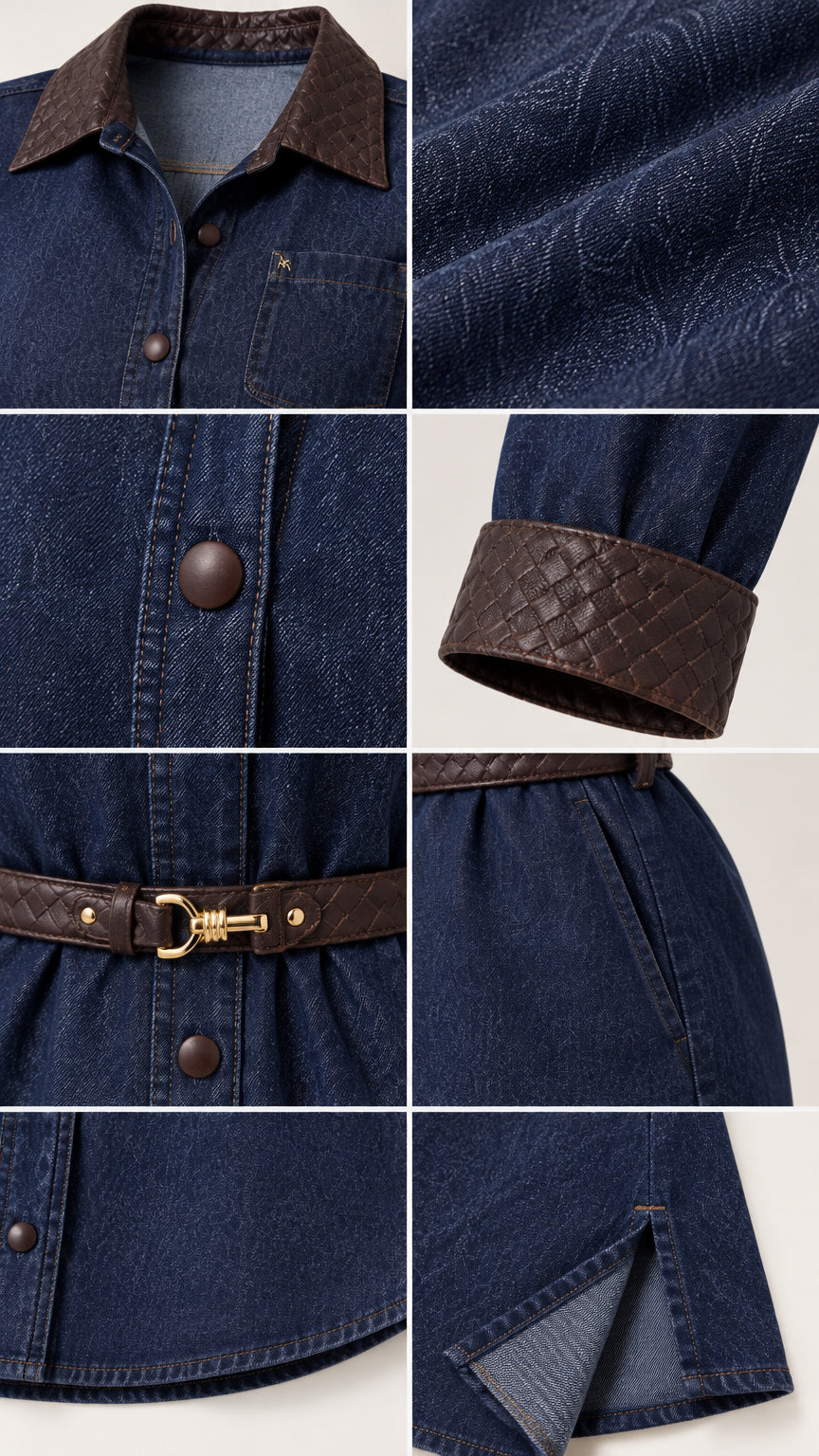Detailed close-up collage of dark blue fabric texture, contrast collar, woven cuffs, buttons, and belt