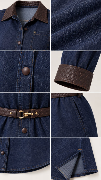 Detailed close-up collage of dark blue fabric texture, contrast collar, woven cuffs, buttons, and belt