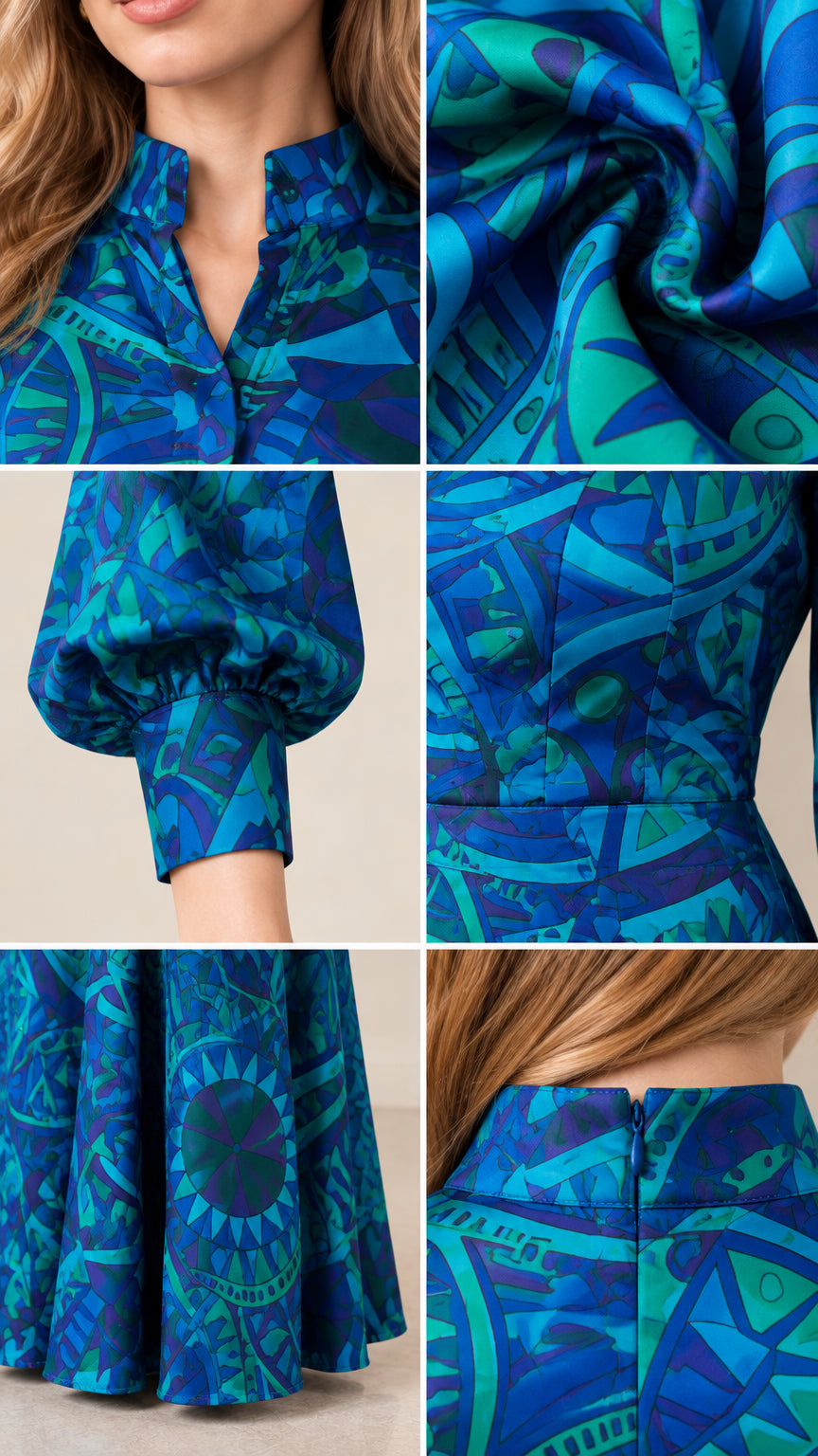 Close-up details of collar, sleeve cuff, fabric texture, and hidden back zipper