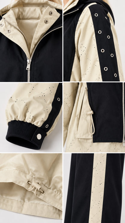 Detail collage showing zipper collar, eyelet sleeve panels, gathered cuffs, and drawstring hem