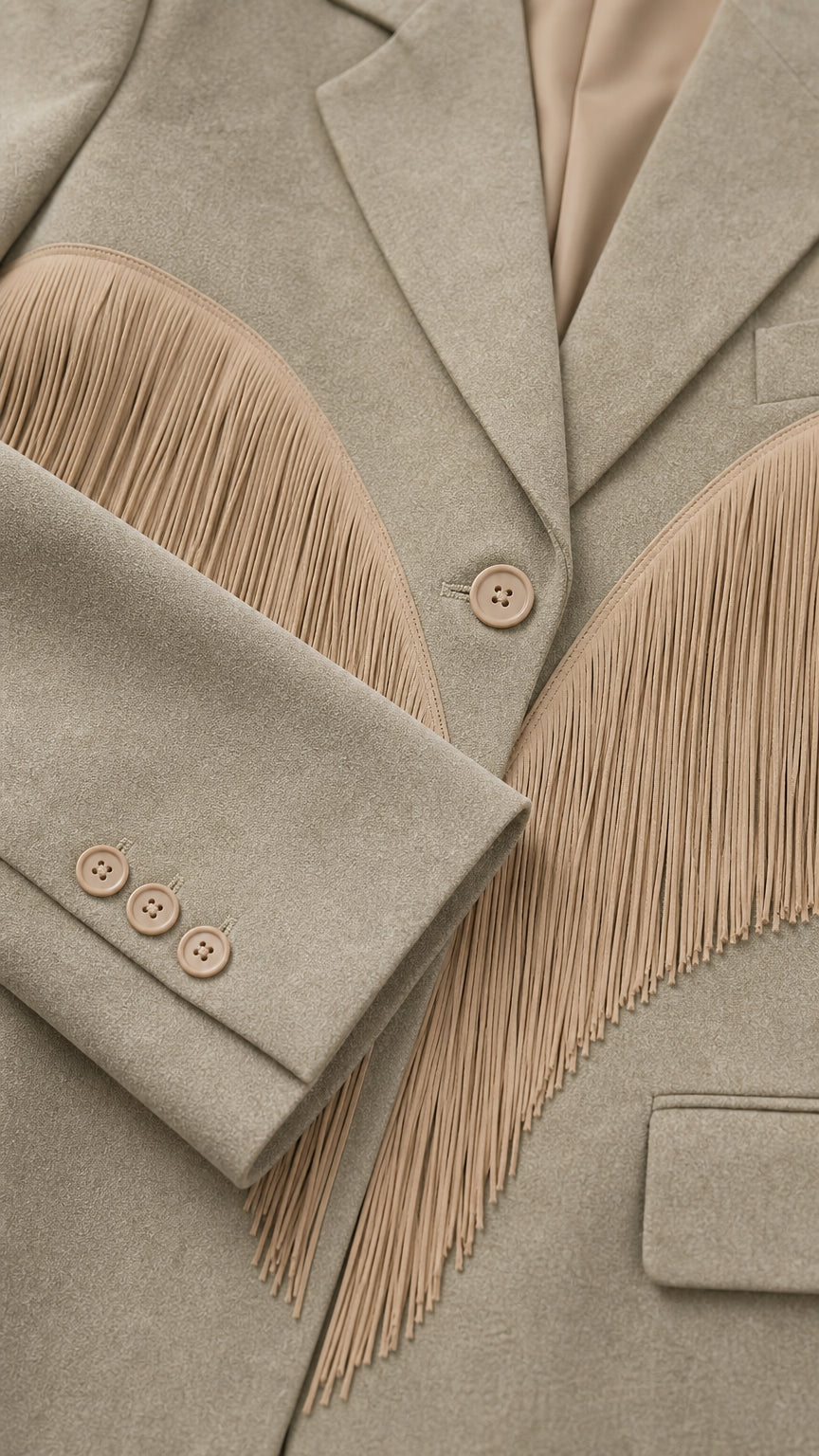Close-up detail of Sage Green woven blazer fabric, sleeve buttons, notched lapel, and dense fringe trim