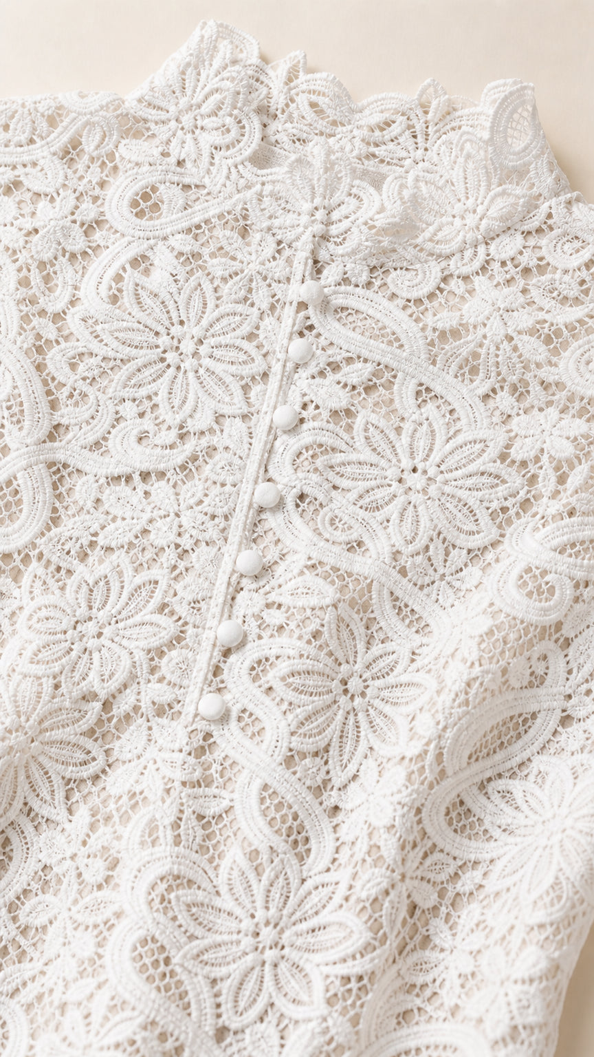 Close-up detail of white floral crochet lace pattern and mock neck button front