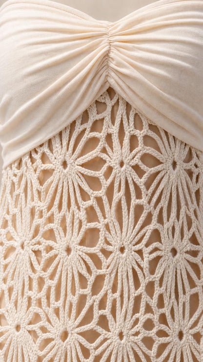 Close-up detail of ruched bodice and geometric crochet pattern