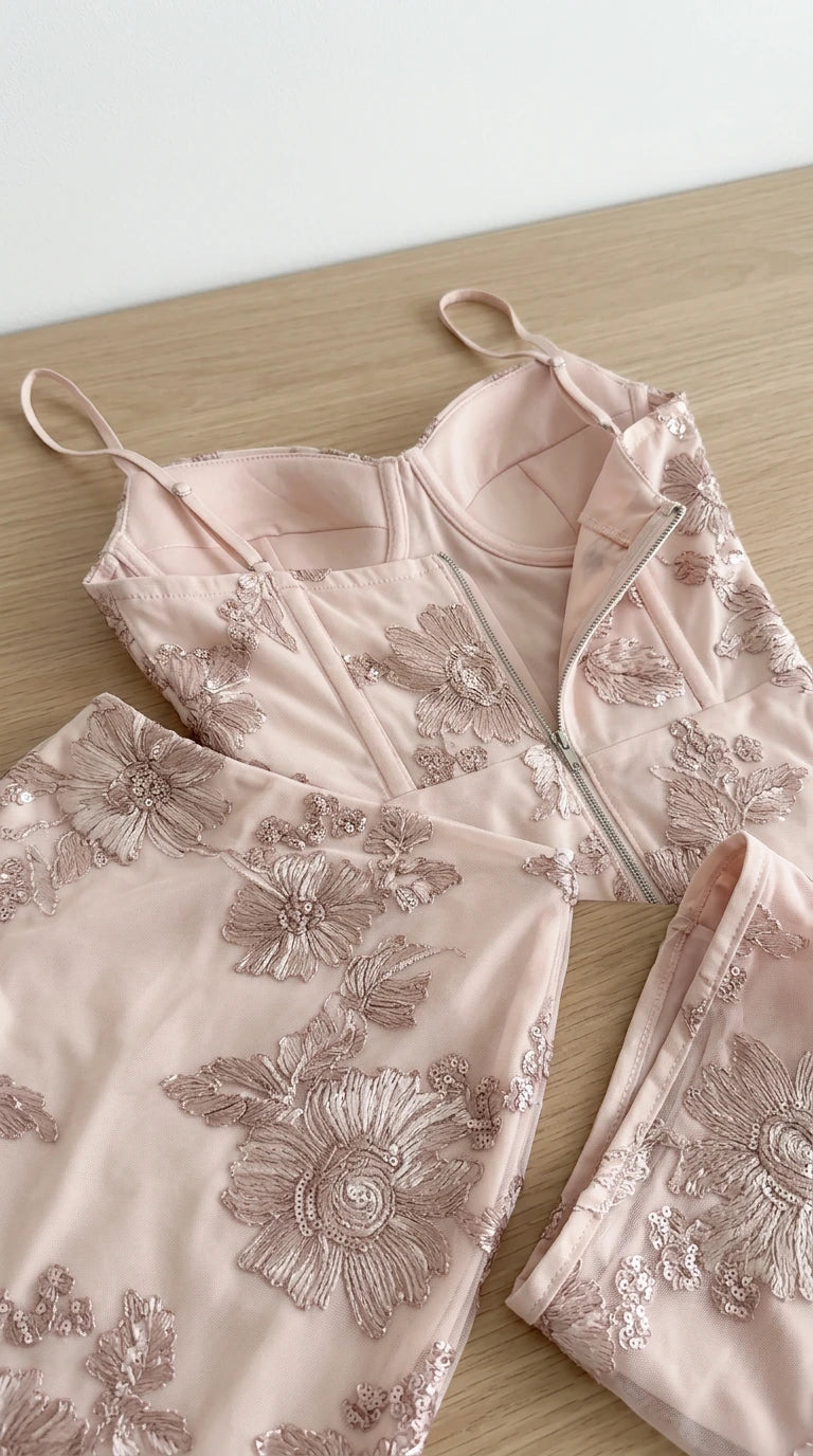 Close-up detail of Blush Pink corset bustier construction and floral embroidery
