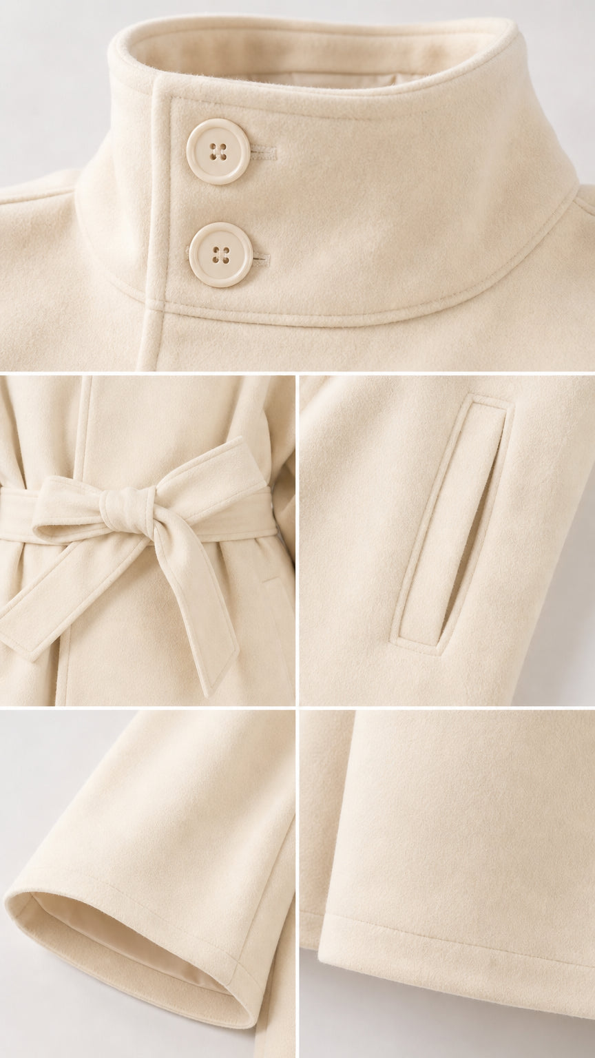 Close-up details of collar buttons, self-tie belt, and pocket