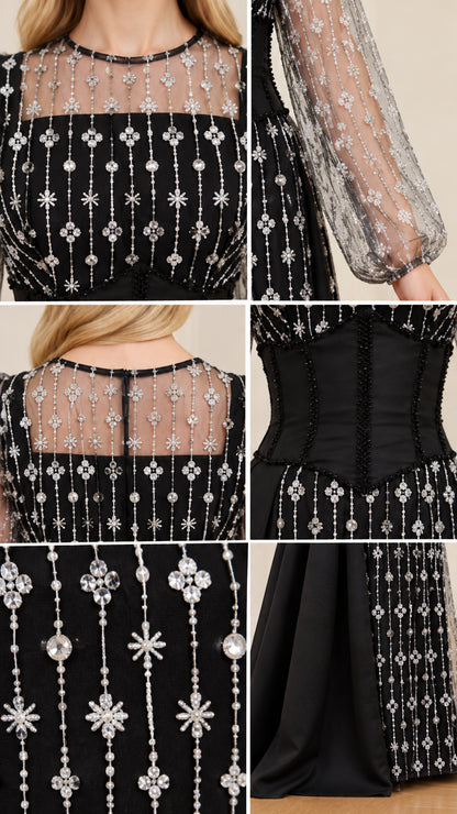 Close-up details of sheer neckline, starburst rhinestone embellishment, and corset waistband
