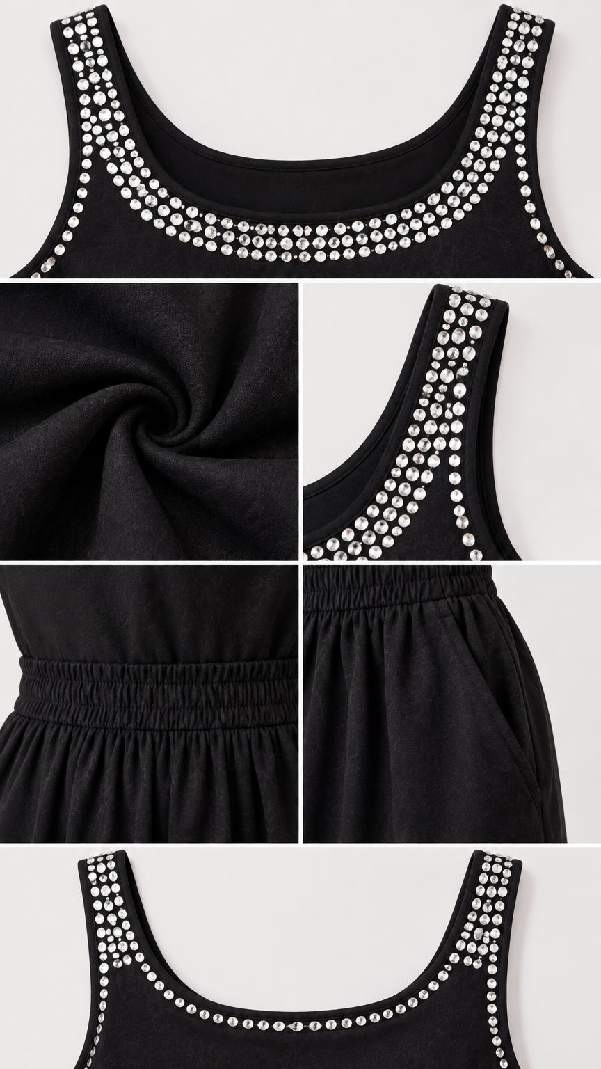 Close-up details of rhinestone trim, soft fabric texture, elastic waist, and side pocket