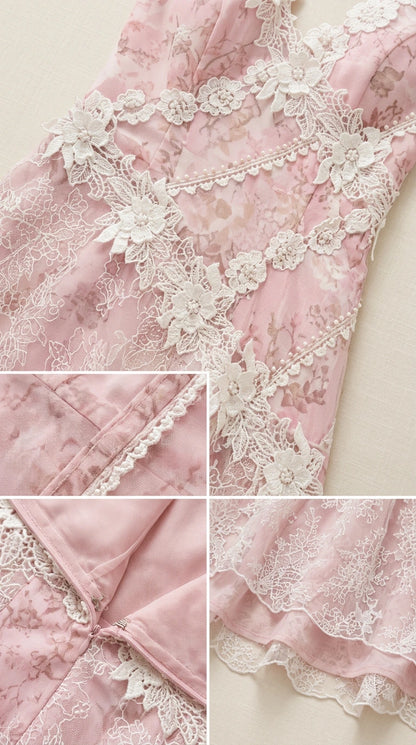 Close-up detail of floral lace fabric, diagonal applique trim, and inner lining