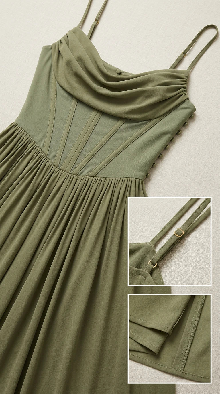 Close-up details of draped bodice, adjustable straps, and hemline of olive green dress