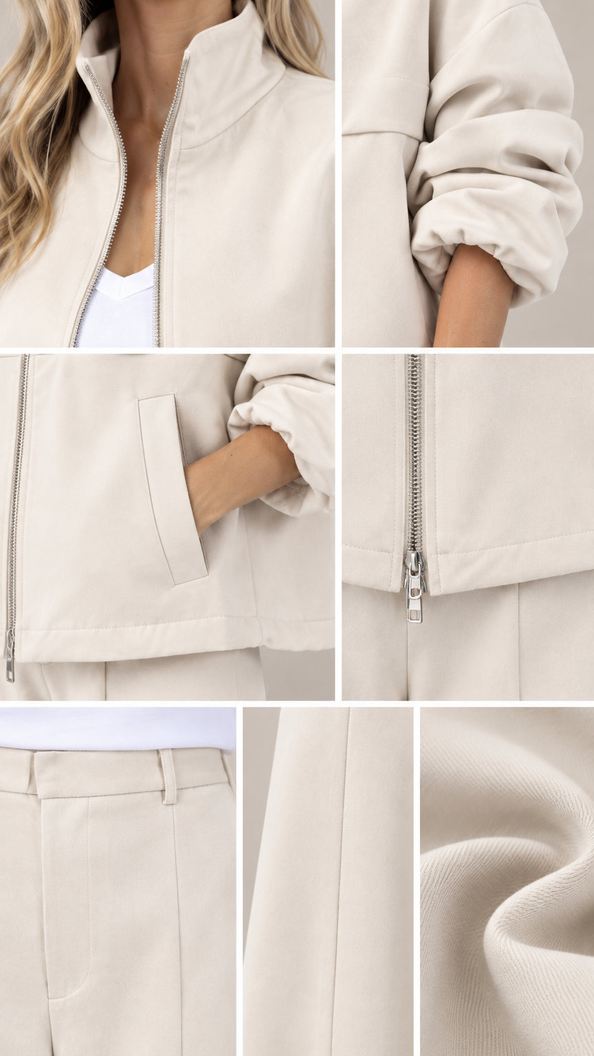 Close-up details of collar, zipper, side pockets, waistband, and fabric texture on beige jacket set