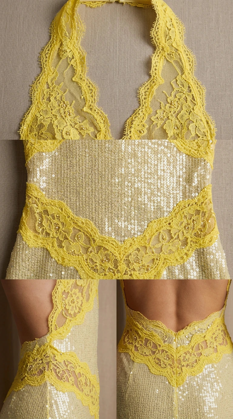 Close-up details of scalloped floral lace halter neckline, waist trim, and low back