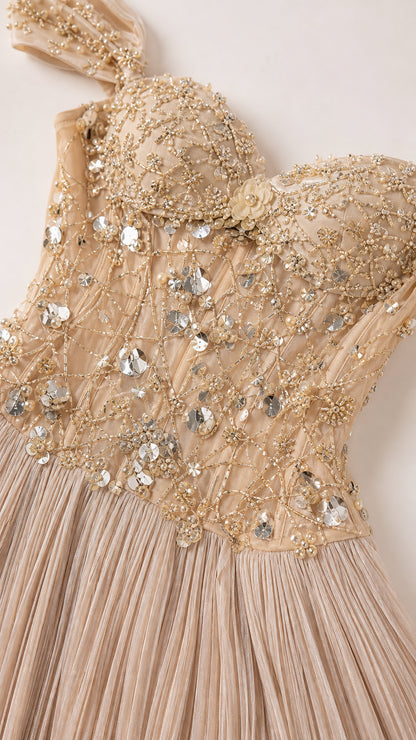 Close-up detail of beaded corset bodice with rhinestones