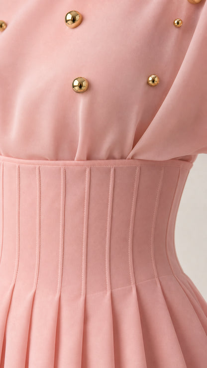 Close-up of gold-tone bead embellishments and paneled waist