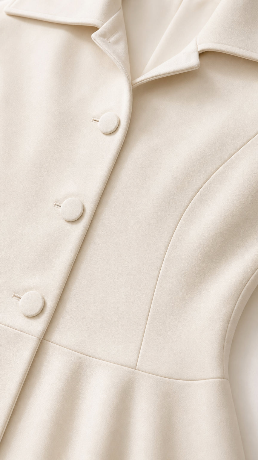 Close-up detail of covered buttons and collar seam on ivory coat dress