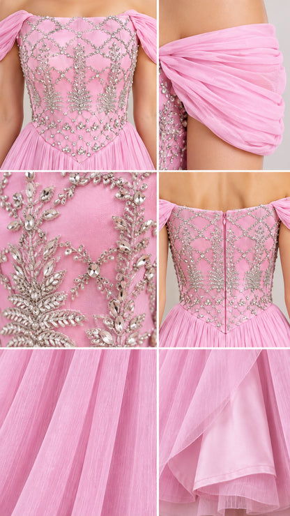 Close-up details of beaded embroidery and pleated tulle skirt on pink formal gown