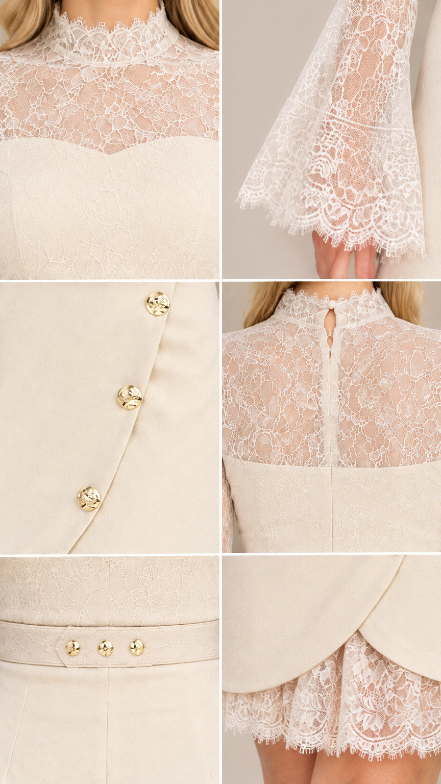 Close-up details of cream lace neckline, bell cuffs, gold buttons, and scalloped hem