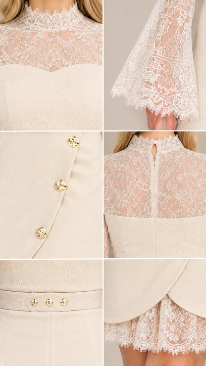 Close-up details of cream lace neckline, bell cuffs, gold buttons, and scalloped hem