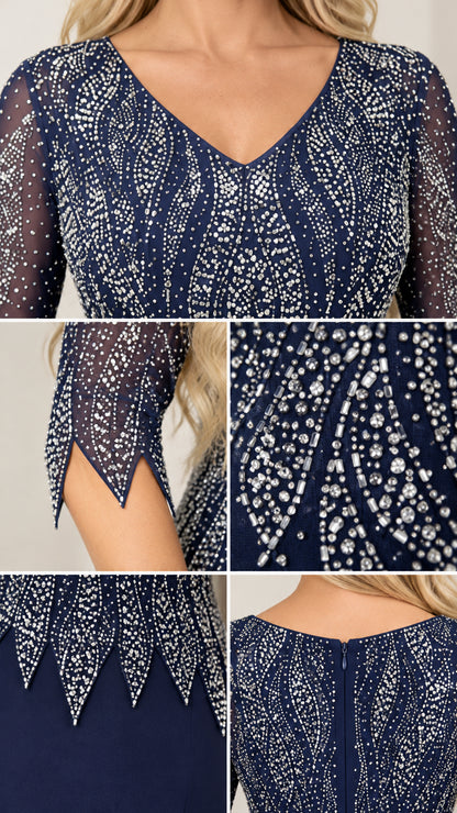 Close-up details of sparkling rhinestone swirl bodice, sleeve cuffs, and back zipper