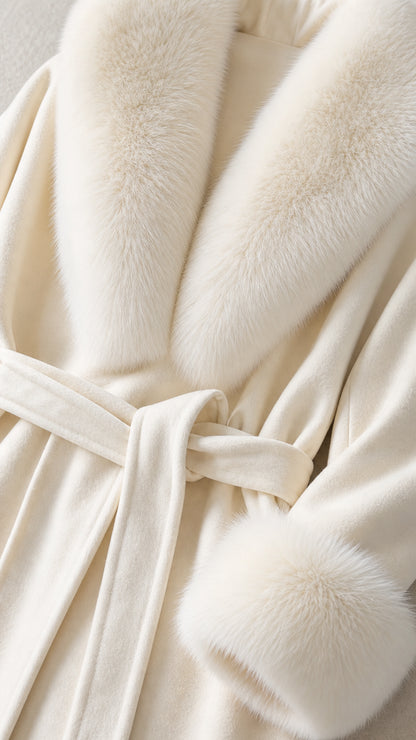 Close-up detail of Cream coat showing soft faux fur shawl collar and fabric belt