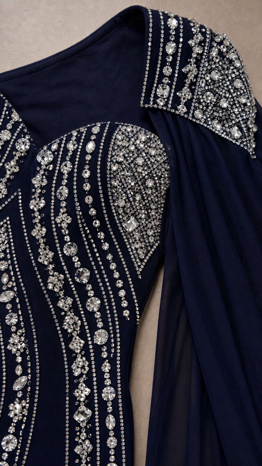 Close-up detail of sparkling rhinestone and crystal beading on navy evening gown bodice