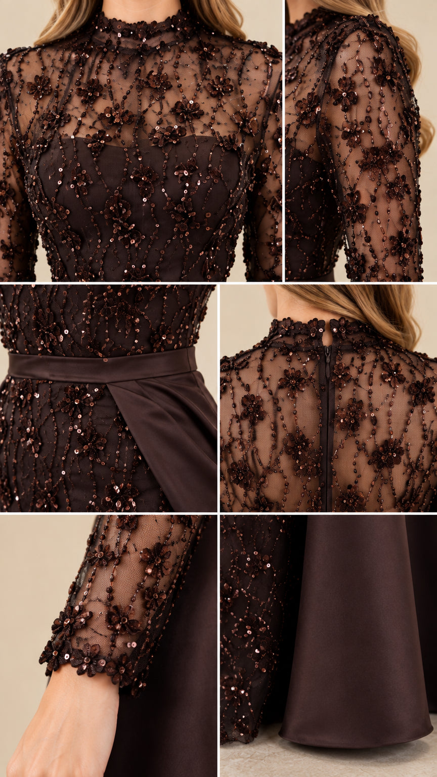 Close-up details of sequined lace neckline, sheer sleeves, waistline, and cuff beading