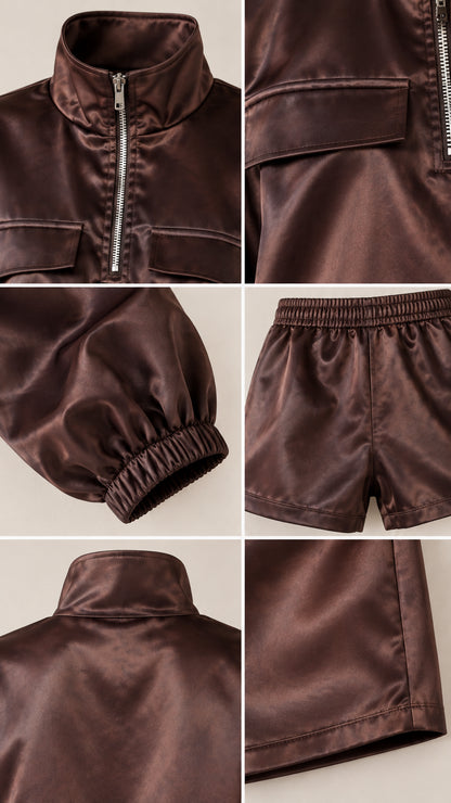 Close-up detail collage showing zipper, pocket flap, elastic cuff, and shorts waistband