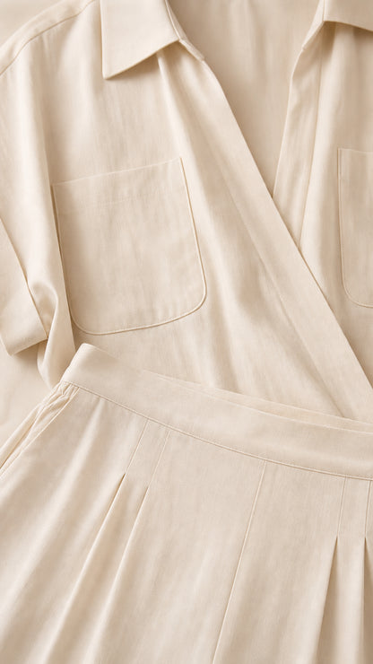 Close-up detail of collar, chest pocket, and pleated pants in beige