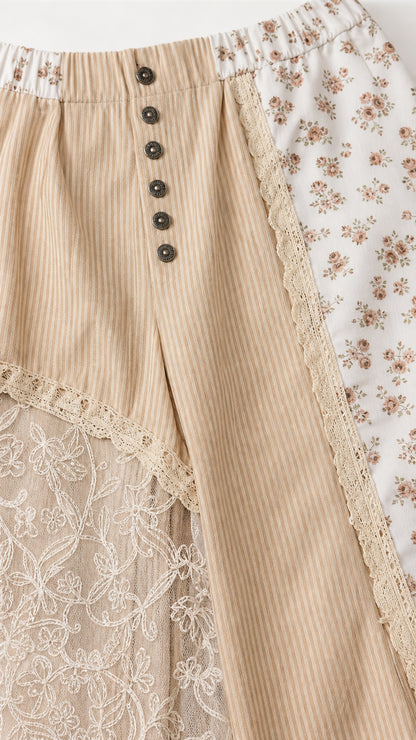 Close-up detail of beige ribbed fabric, floral print, lace overlay, and front buttons