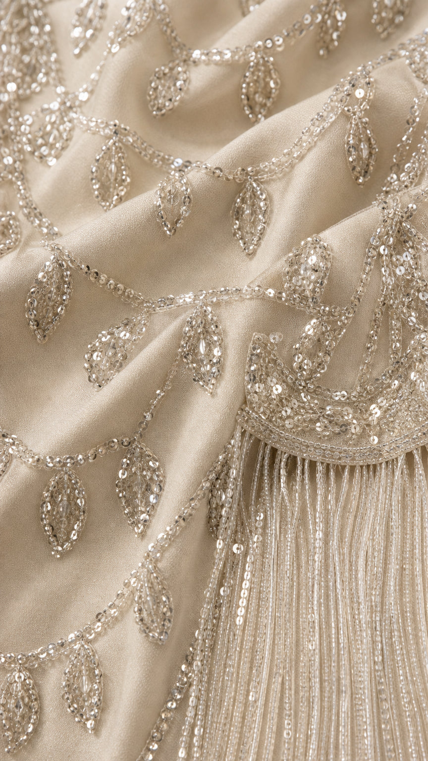 Close-up detail of champagne embroidered beadwork, sequins, and fringe tassels