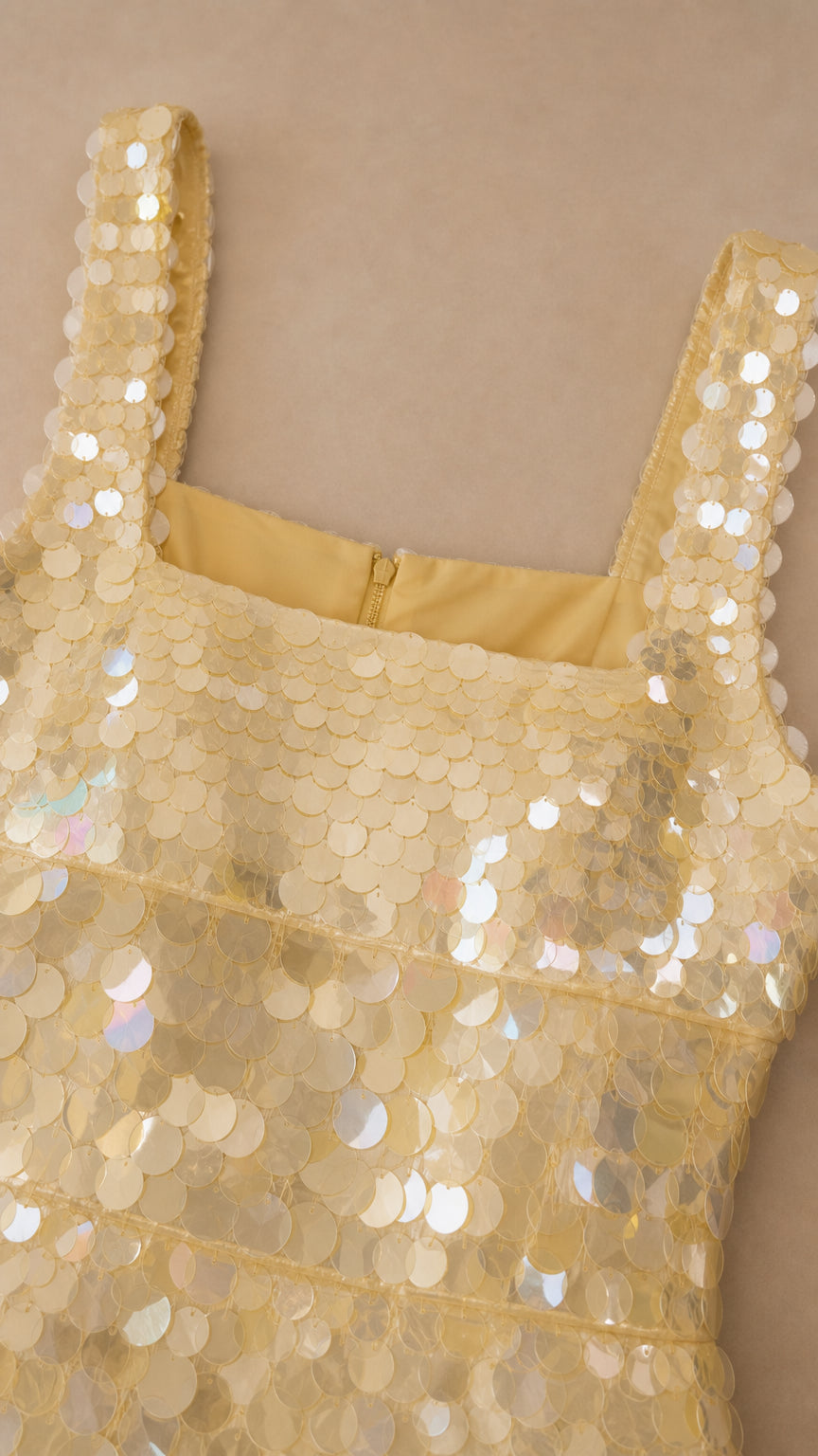 Close-up detail of champagne circular pailette sequin embellishment and neckline