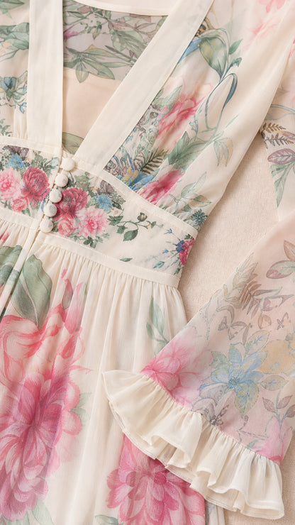 Close-up detail of neckline, covered buttons, and pleated flounce cuffs on floral dress