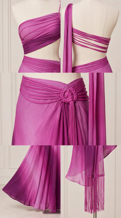 Close-up details of pleated bodice, multi-strap back, braided waist knot, and fringe sash